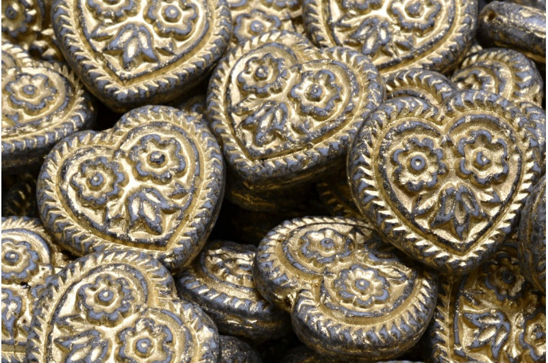 Heart With Folklore Flowers Beads, White Opal Gold Lined 34312 (02020-54302-34312), Glass, Czech Republic