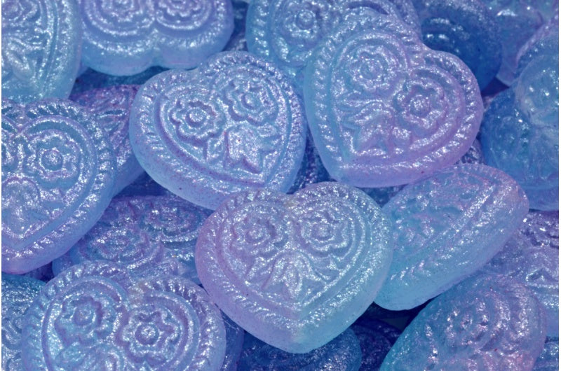 フォークロアの花のビーズが入ったハート、クリスタルブルー(00030-542003)、ガラス、チェコ共和国