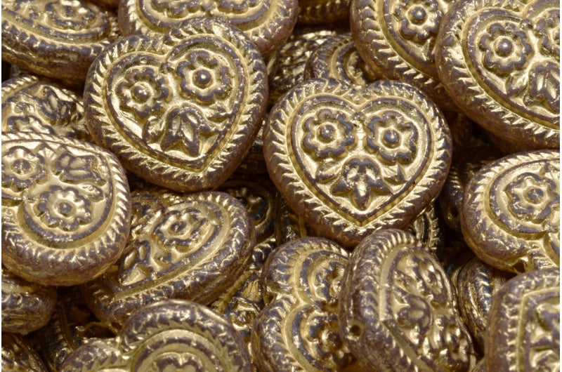 Heart With Folklore Flowers Beads, Crystal Gold Lined Light Pink (00030-54302-34304), Glass, Czech Republic