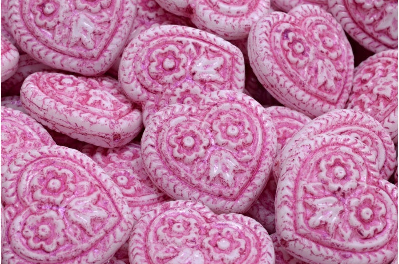 Heart With Folklore Flowers Beads, White Opal Pink Lined (02020-43807), Glass, Czech Republic