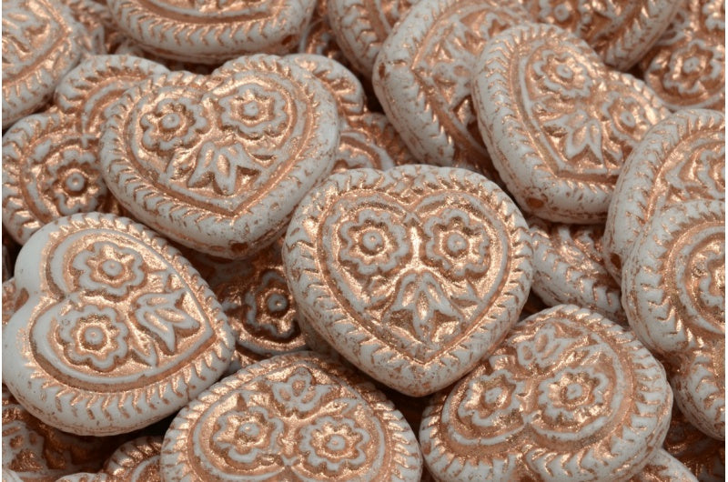 Heart With Folklore Flowers Beads, White Opal Copper Lined (02020-54307), Glass, Czech Republic