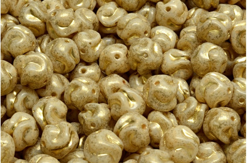 Yarn Ball Beads, White Beige Travertin Spotted Gold Lined (02010-33301-54302), Glass, Czech Republic