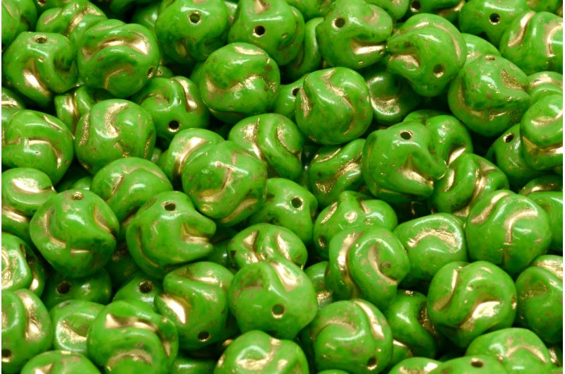 Yarn Ball Beads, White Green Spotted Gold Lined (02010-33311-54302), Glass, Czech Republic