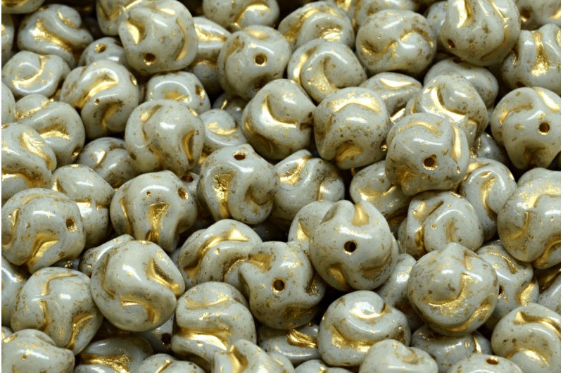 Yarn Ball Beads, White Beige Spotted Gold Lined (02010-33312-54302), Glass, Czech Republic