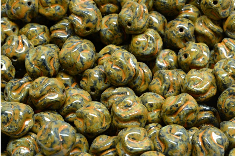 OUTLET 10克毛线球珠子,8 x 8毫米,黑色洞石橙色斑点(23980-86800-33302),玻璃,捷克共和国