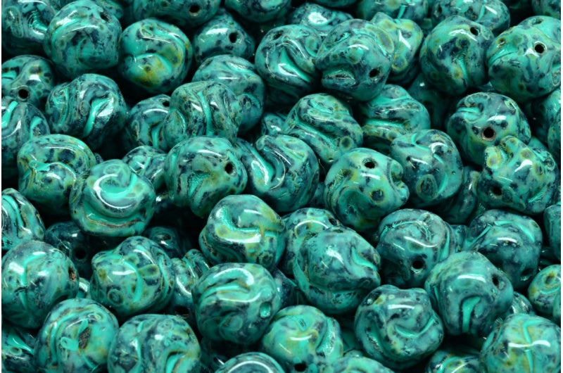 Yarn Ball Beads, Black Travertin Turqouise Spotted (23980-86800-33310), Glass, Czech Republic