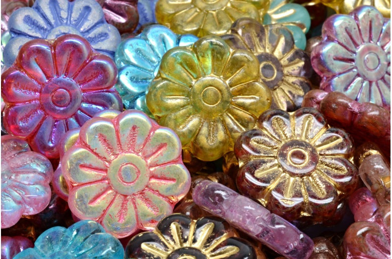 デイジーフラワービーズ、ミックスカラー1個(00001-ミックス)、ガラス、チェコ共和国