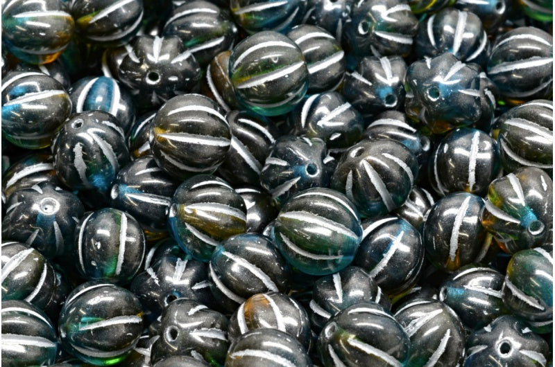 メロンビーズ、透明オレンジ、透明アクア、シルバーライン(10080-60040-54301)、ガラス、チェコ共和国