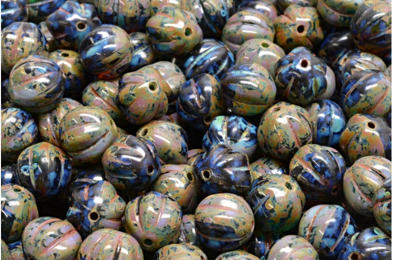 メロンビーズ、透明オレンジ透明アクアトラバーチン(10080-60040-86800)、ガラス、チェコ共和国