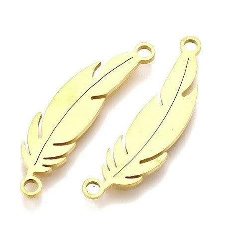 Decorative part - feather, approx. 28 x 7 x 1 mm, Stainless Steel 304