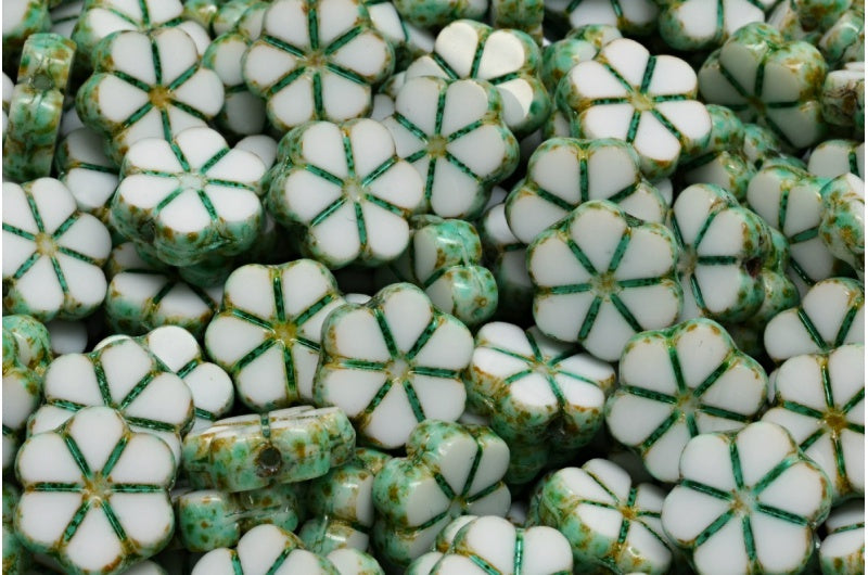 テーブルカットガーランドフラワービーズ、ホワイトオパールトラバーチンライトターコイズ(02020-86800-34309)、ガラス、チェコ共和国