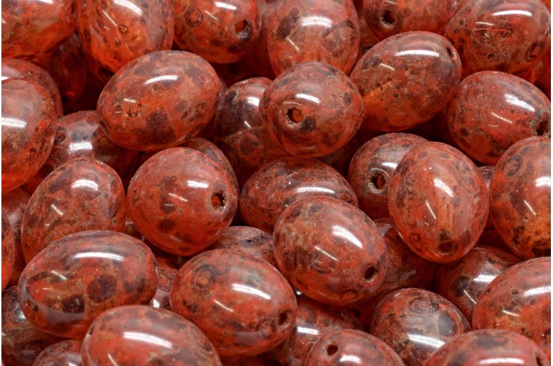 オリーブビーズ、クリスタルトラバーチンベージュオレンジスポット(00030-86800-33307)、ガラス、チェコ共和国