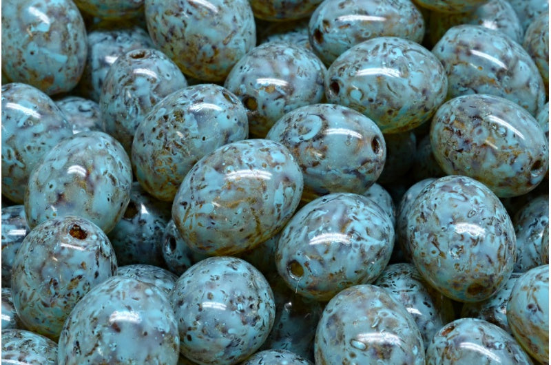 Olive Beads, Crystal Travertin Turqouise Spotted (00030-86800-33309), Glass, Czech Republic