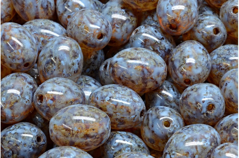 オリーブビーズ、クリスタルトラバーチンブルースポット(00030-86800-33308)、ガラス、チェコ共和国