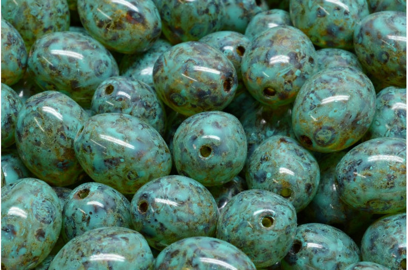 オリーブビーズ、クリスタルトラバーチンターコイズスポット(00030-86800-33310)、ガラス、チェコ共和国