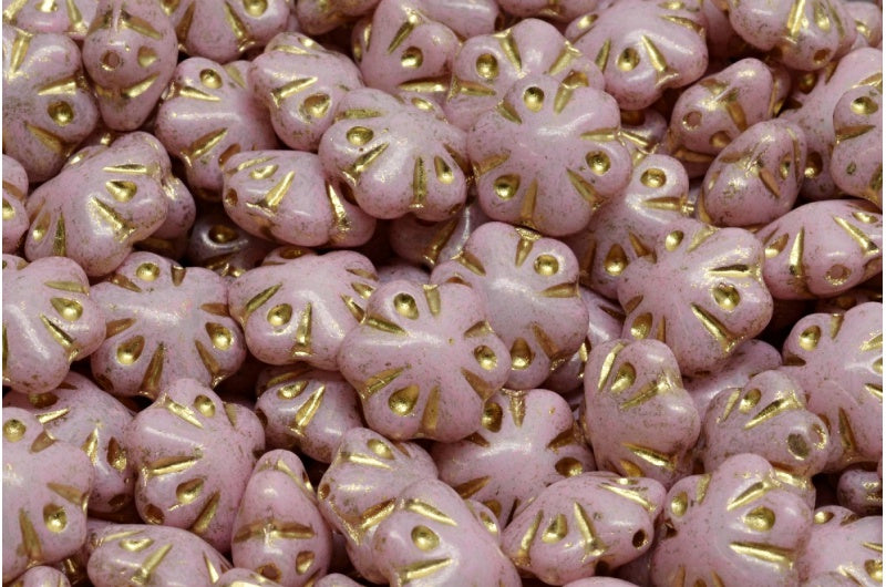 フォークロアフラワービーズ、白地に温かみのある紫の斑点と金のライン(02010-33304-54302)、ガラス、チェコ共和国