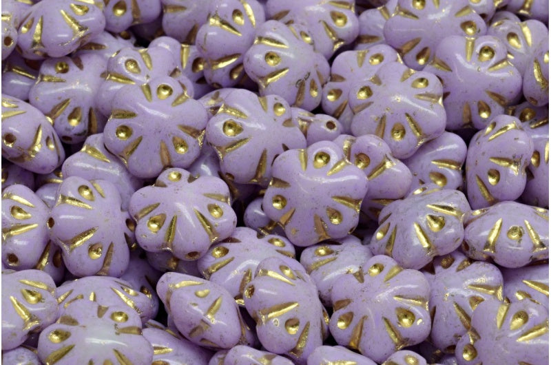 フォークロアフラワービーズ、白地に紫の斑点模様、金のライン入り(02010-33305-54302)、ガラス、チェコ共和国