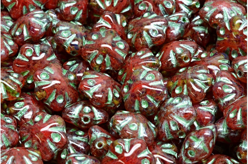 フォークロアフラワービーズ、ピンクトラバーチングリーンライン(R0918-86800-54322)、ガラス、チェコ共和国