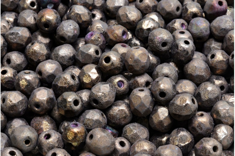 Faceted Round Fire Polished Beads, Black Etched Bronze (23980-ETCH-14415), Glass, Czech Republic