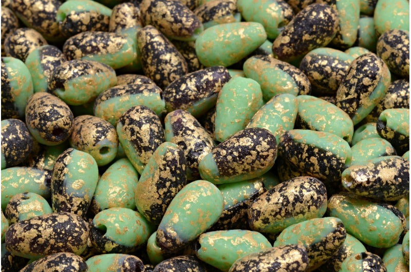 Drop Beads, Opaque Green 20090 Etched L Gold Splash (53200-20090-ETCH-L-94401), Glass, Czech Republic