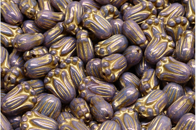 OUTLET 10 grams Tulip Bud Beads, 9 x 7 mm, White Purple Gold Lined (02010-15726-54302), Glass, Czech Republic