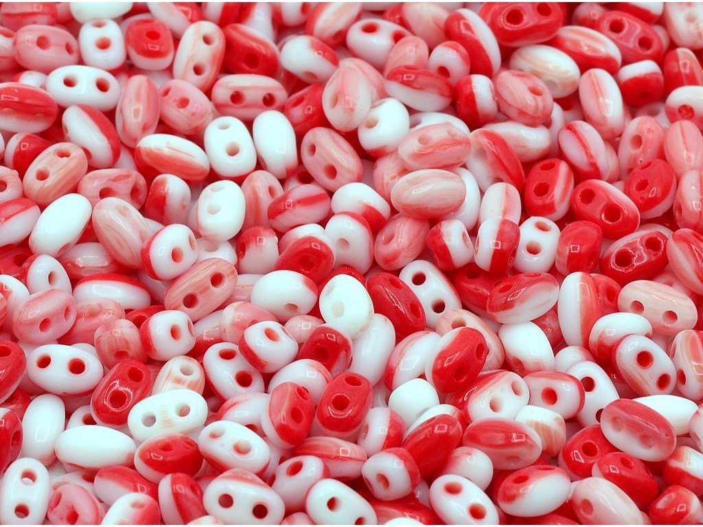 OUTLET 10 克 Gbduo 2 孔椭圆形珠子,2.5 x 5 毫米,混合颜色红白(混合红白),玻璃,捷克共和国