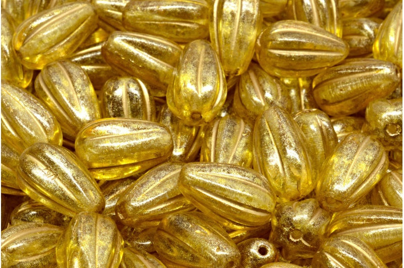 ドロップメロンビーズ、クリスタルゴールドラインライトイエロー(00030-54302-34302)、ガラス、チェコ共和国