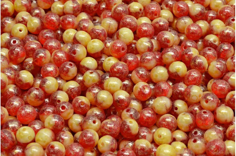ラウンドドラックビーズ、ルビーレッドホワイトライトイエロー(90080-02010-34302)、ガラス、チェコ共和国