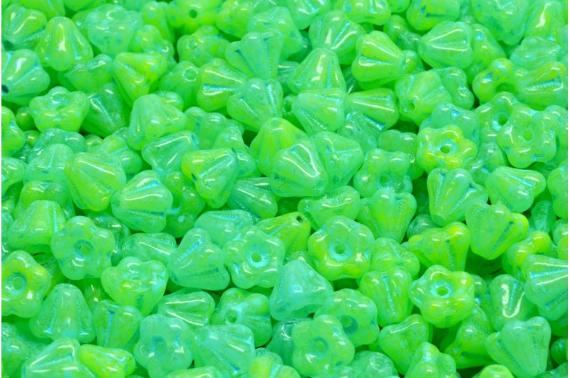 Bell Flower Beads, Yellow Turqouise Spotted (R0812-33309), Glass, Czech Republic