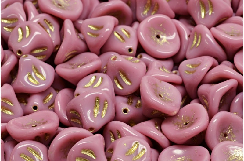 Daylily Flower Beads, Opaque Pink Gold Lined (73010-54302), Glass, Czech Republic