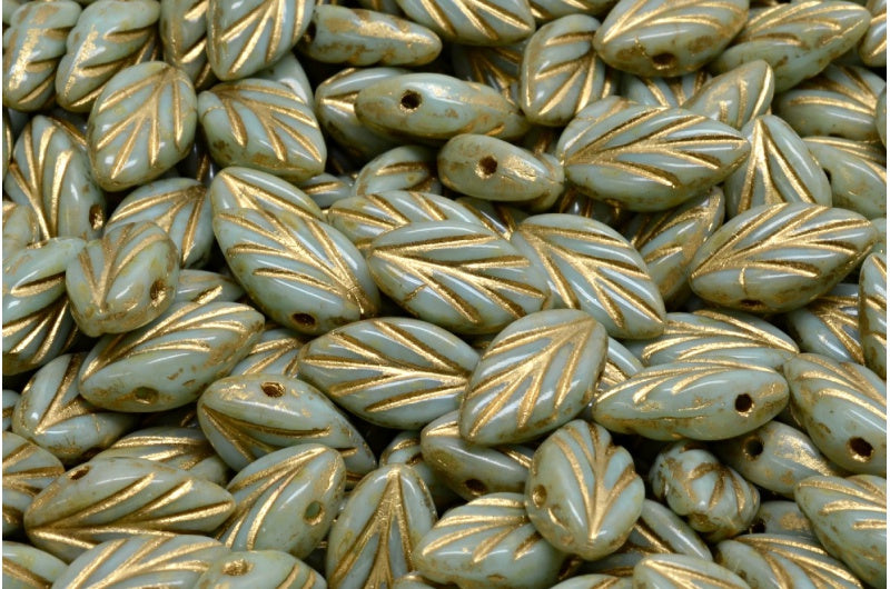 Beech Leaf Beads, Light Green Travertin Gold Lined (54200-86800-54302), Glass, Czech Republic