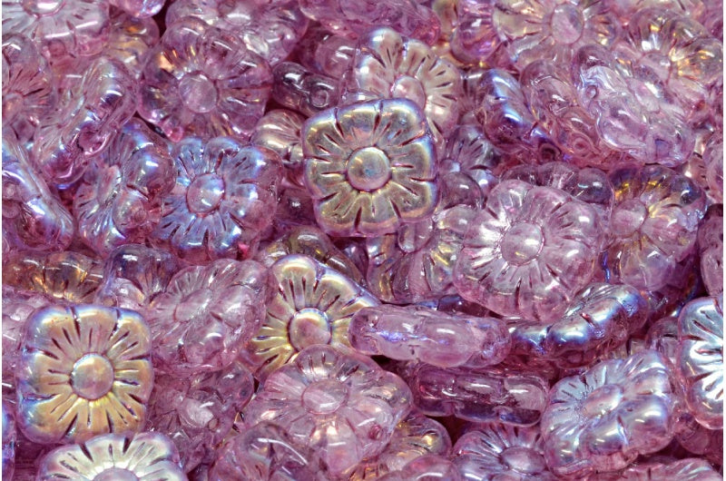 Square Flower Beads, Crystal Ab Light Fuchsia Pink (00030-28701-34306), Glass, Czech Republic