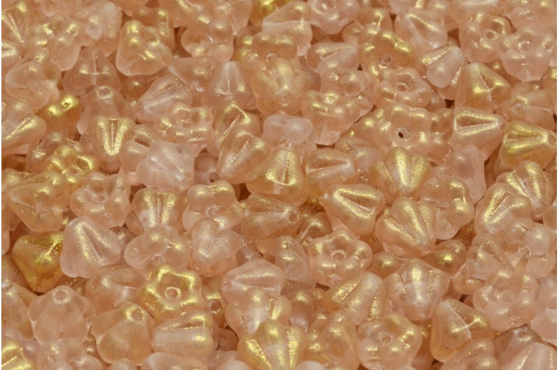 Bell Flower Beads, Transparent Pink Matte Gold Splash (70130-84100-56902), Glass, Czech Republic