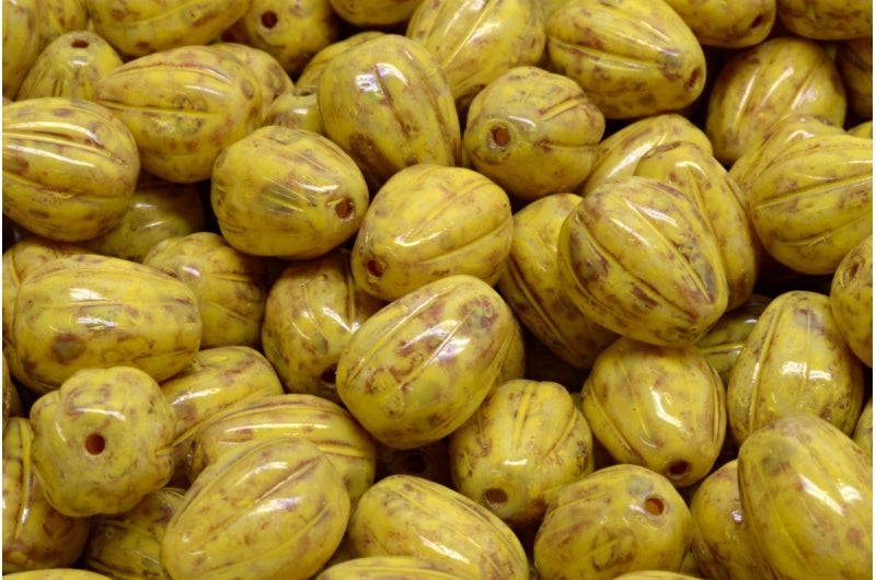 Drop Melon Beads, White Travertin Orange Spotted (02010-86800-33302), Glass, Czech Republic
