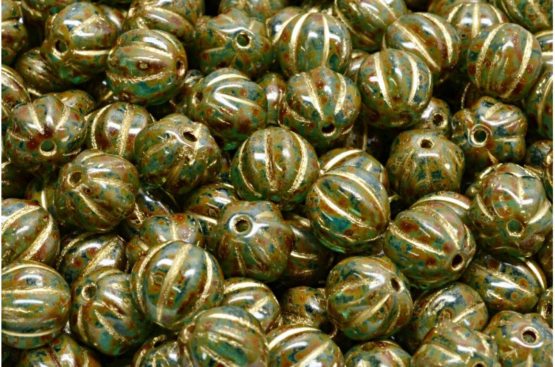 Melon Beads, Transparent Aqua Travertin Gold Lined (60020-86800-54302), Glass, Czech Republic