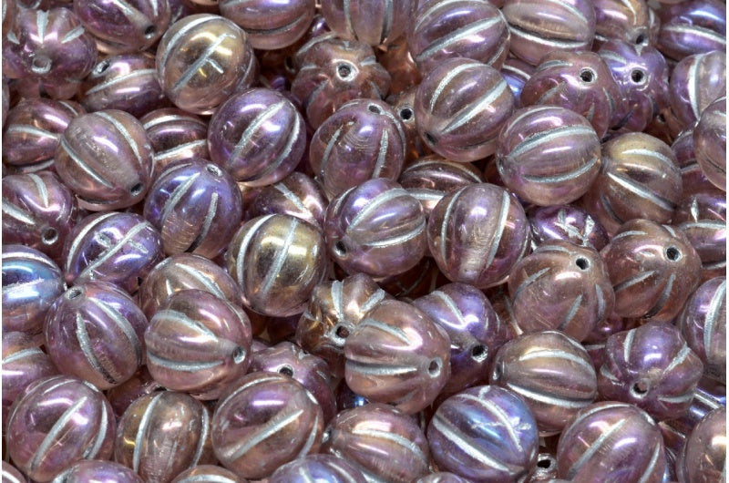 Melon Beads, Transparent Pink Silver Lined Rainbow Iris (70120-54301-21405), Glass, Czech Republic