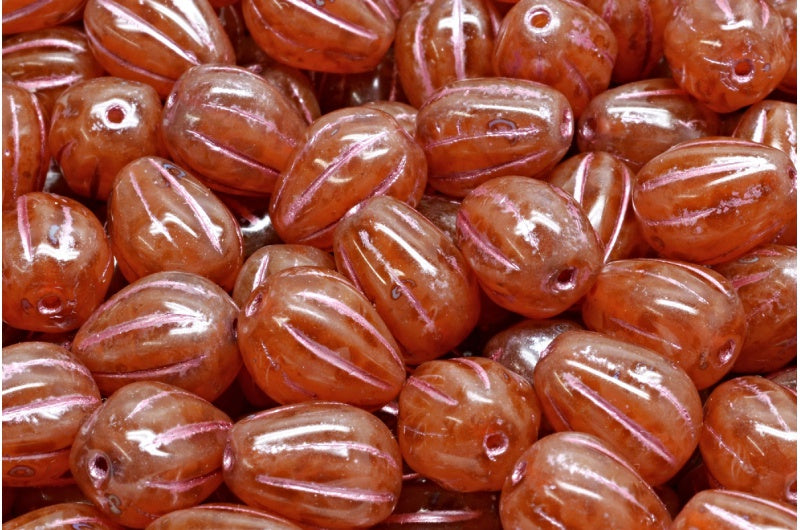 ドロップメロンビーズ、オパールピンクトラバーチンピンクライン(71010-86800-54321)、ガラス、チェコ共和国