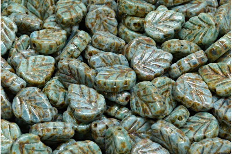 Mint Leaf Beads, White Travertin Light Blue (02010-86800-34307), Glass, Czech Republic