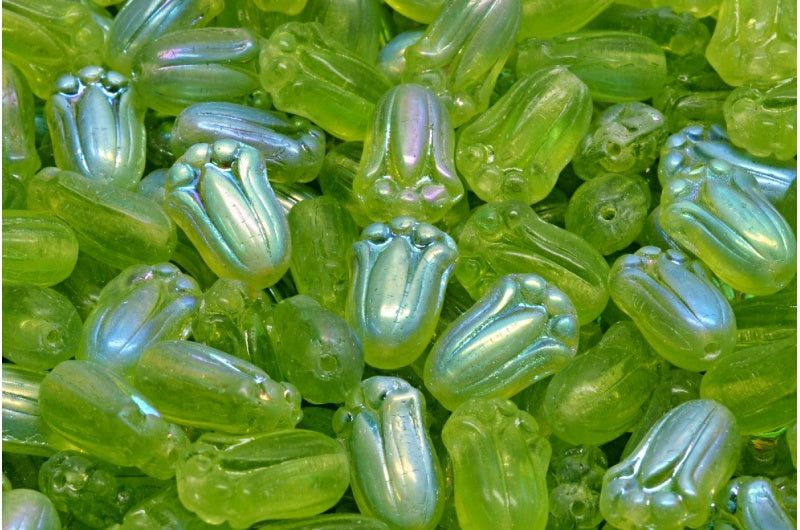 Tulip Bud Beads, Transparent Green Ab (50230-28701), Glass, Czech Republic
