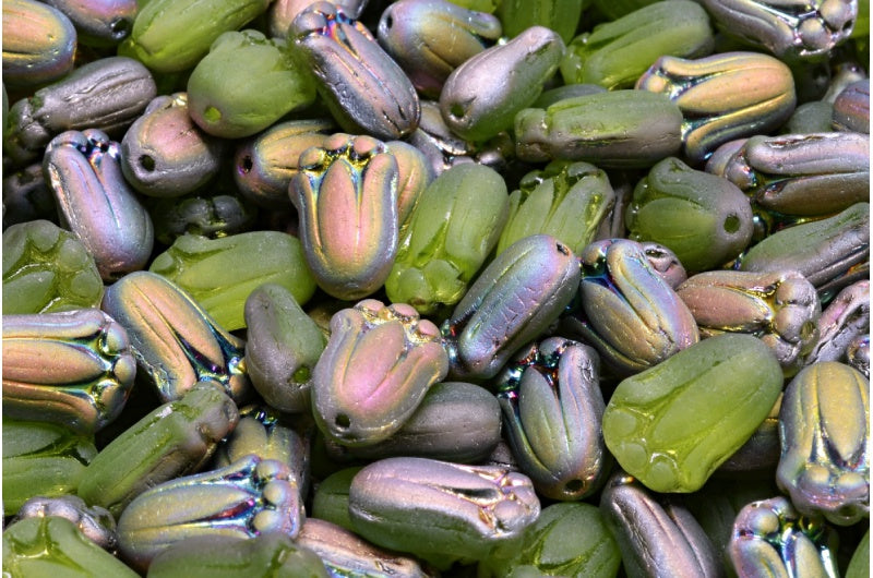 Tulip Bud Beads, Transparent Green Matte Crystal Vitrail Medium Coating (50230-84100-28101), Glass, Czech Republic