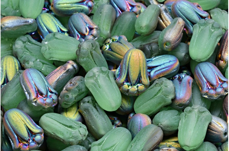 チューリップバッドビーズ、透明グリーンマットクリスタルヴィトレイルミディアムコーティング(50500-84100-28101)、ガラス、チェコ共和国