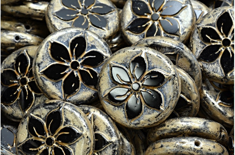 Table Cut Coin Flower Beads, Black Gold Splash (23980-86710), Glass, Czech Republic