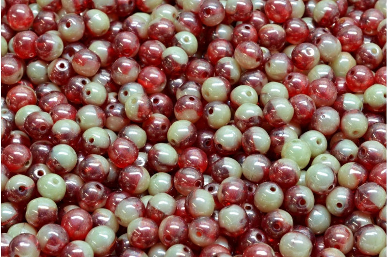 Round Druck Beads, Ruby Red White Luster Green Full Coated (90080-02010-14457), Glass, Czech Republic