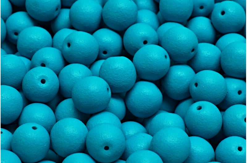Round Druck Beads, White Bright Turquoise Matte (02010-22M18), Glass, Czech Republic