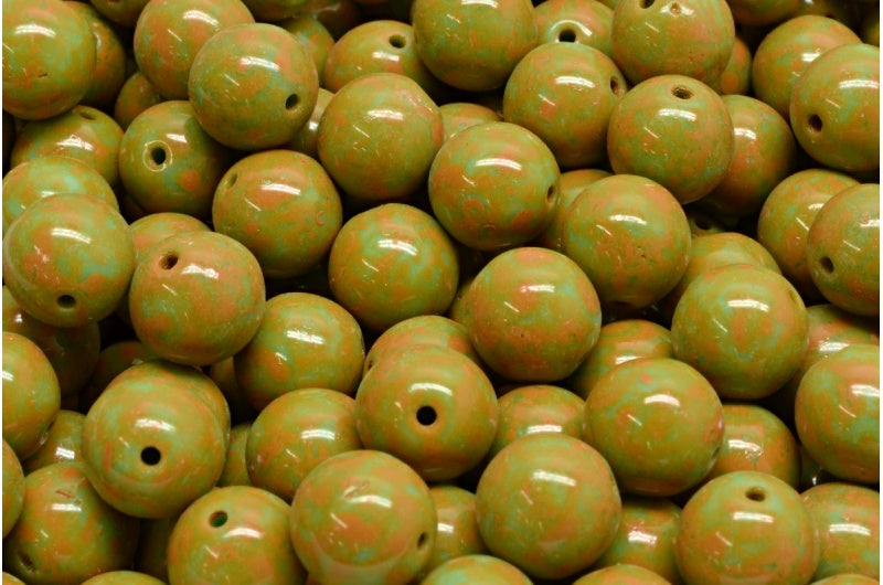 Round Druck Beads, Turquoise Orange Spotted (63130-33302), Glass, Czech Republic
