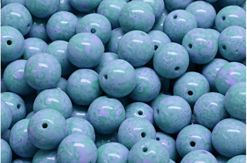 Round Druck Beads, Turquoise Cold Purple Spotted (63130-33305), Glass, Czech Republic