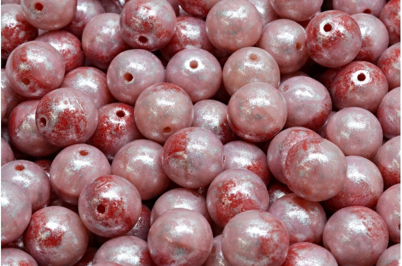 Round Druck Beads, Opal Pink Opal Red Silver Gray (71010-91240-34301), Glass, Czech Republic