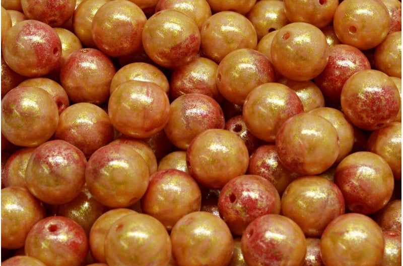 Round Druck Beads, Opal Pink Opal Red Light Yellow (71010-91240-34302), Glass, Czech Republic