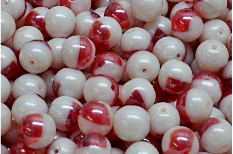 Round Druck Beads, Ruby Red Chalk White Hematite (90080-03000-14400), Glass, Czech Republic