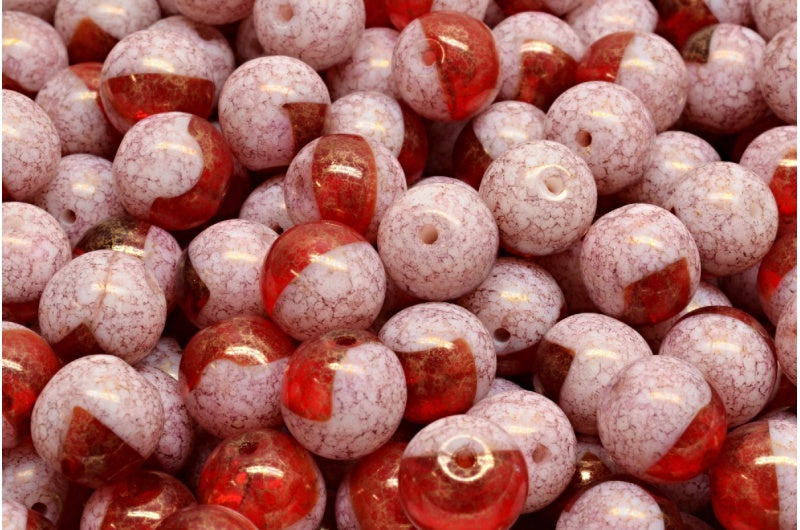 OUTLET 10 grams Round Druck Beads, 8 x 8 mm, Ruby Red Chalk White Terracotta Violet (90080-03000-15496), Glass, Czech Republic